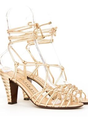 Gold Lace-Up Strappy Heeled Sandals